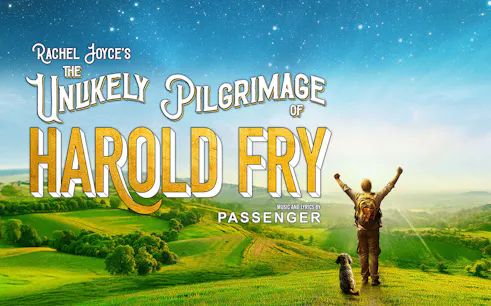 Harold Fry with backpack and dog overlooking green hills under a starry sky, promoting Westend show.