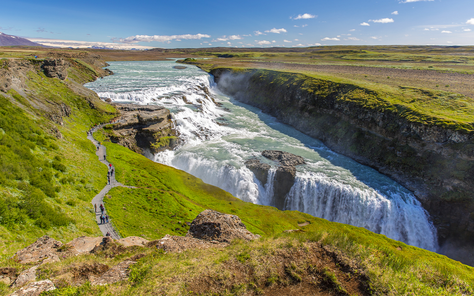 Gullfoss Falls cascading in tiers, surrounded by rugged Icelandic landscape.