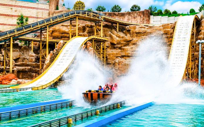Guests enjoying a water ride at Vialand Theme Park, Istanbul.