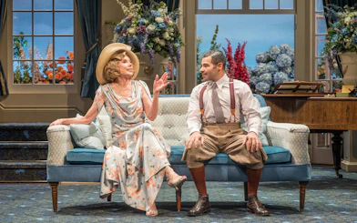 Actors performing a scene from "HAY FEVER" in a West End theater setting.