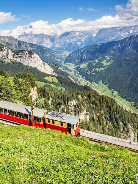 Train on Schynige Platte railway with views of Swiss Alps near Interlaken.