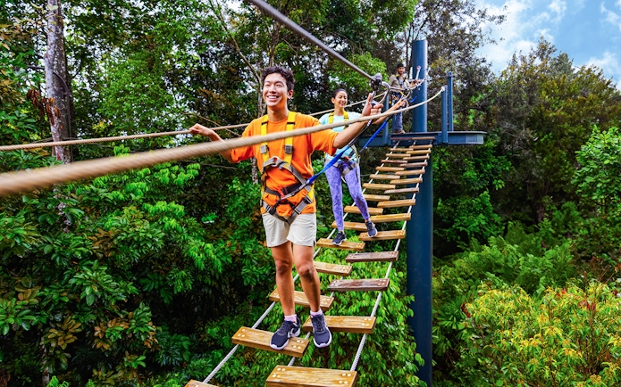 People crossing a rope bridge in a lush Asian rainforest during Wild Apex Adventure.