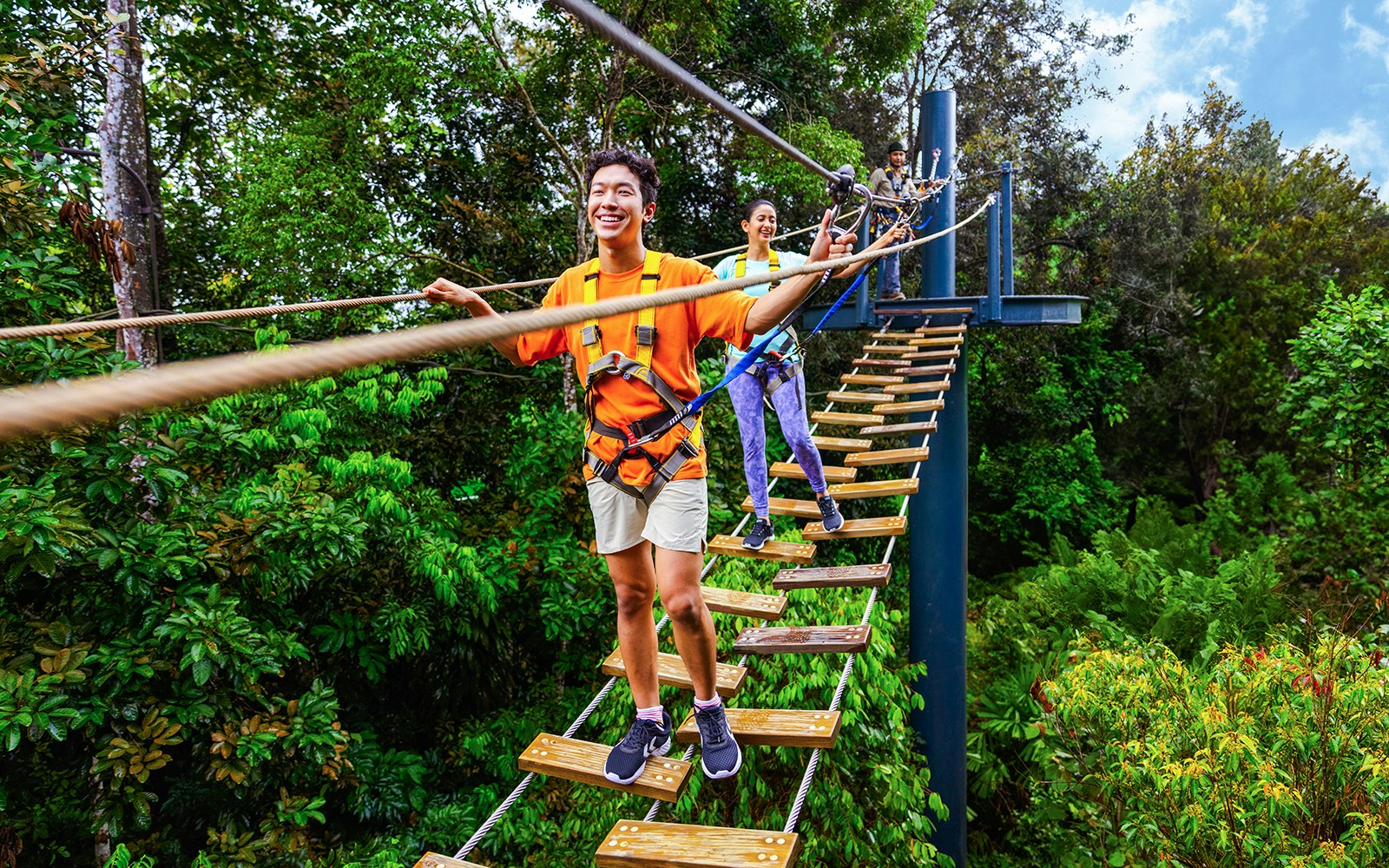 People crossing a rope bridge in a lush Asian rainforest during Wild Apex Adventure.
