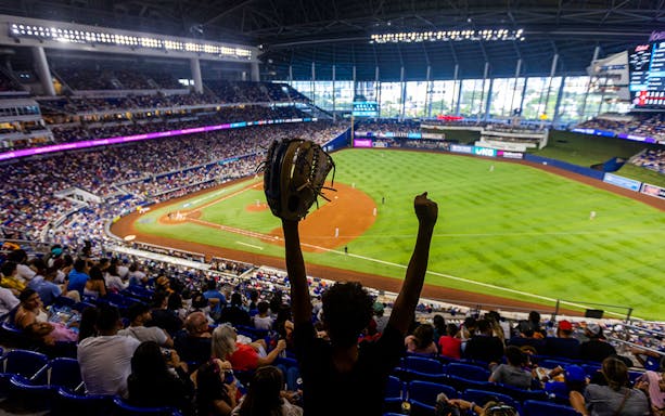Fan cheering at a Miami Marlins baseball game in a packed stadium.