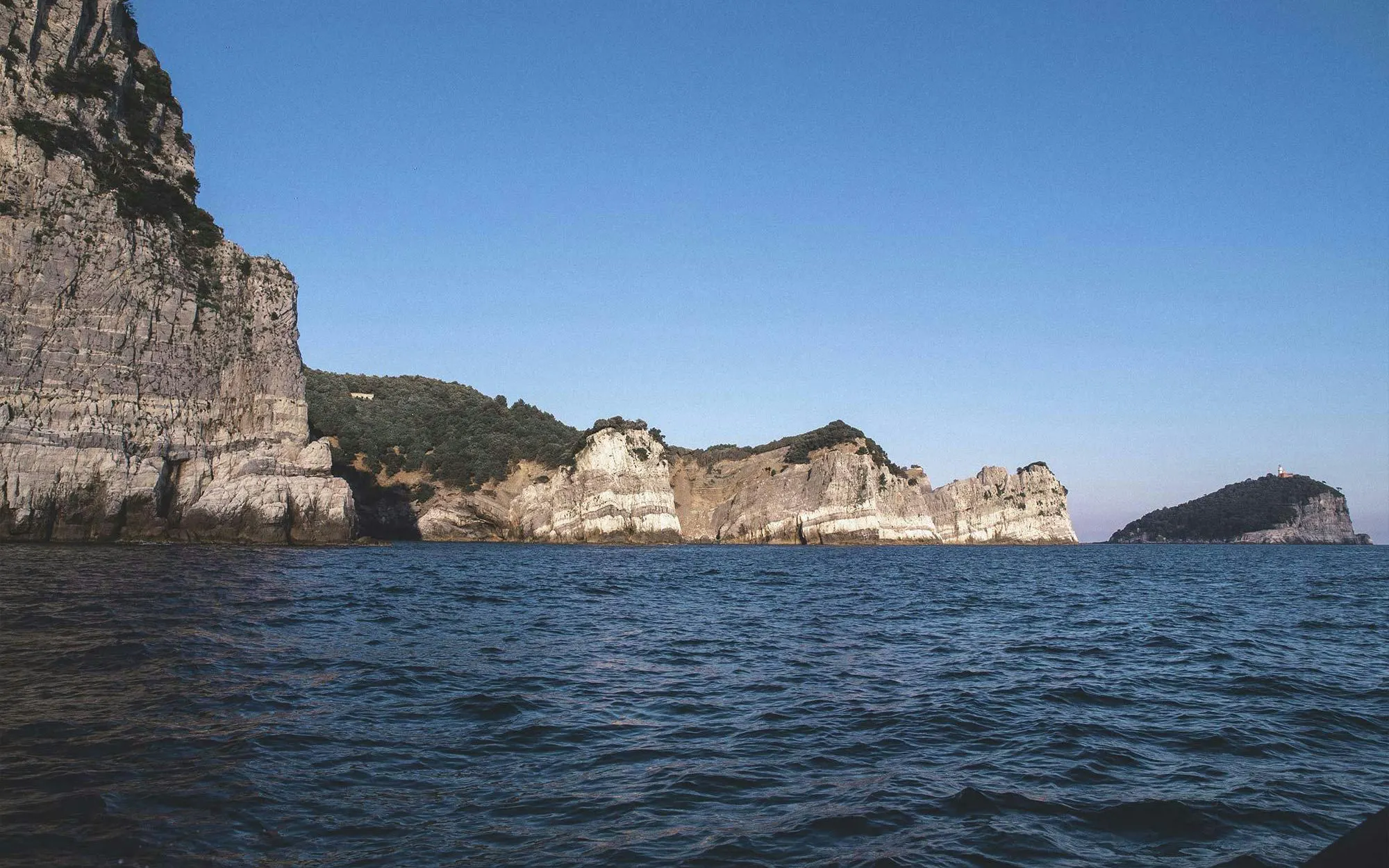 Portovenere coastline and islands viewed from a boat on the La Spezia trip.