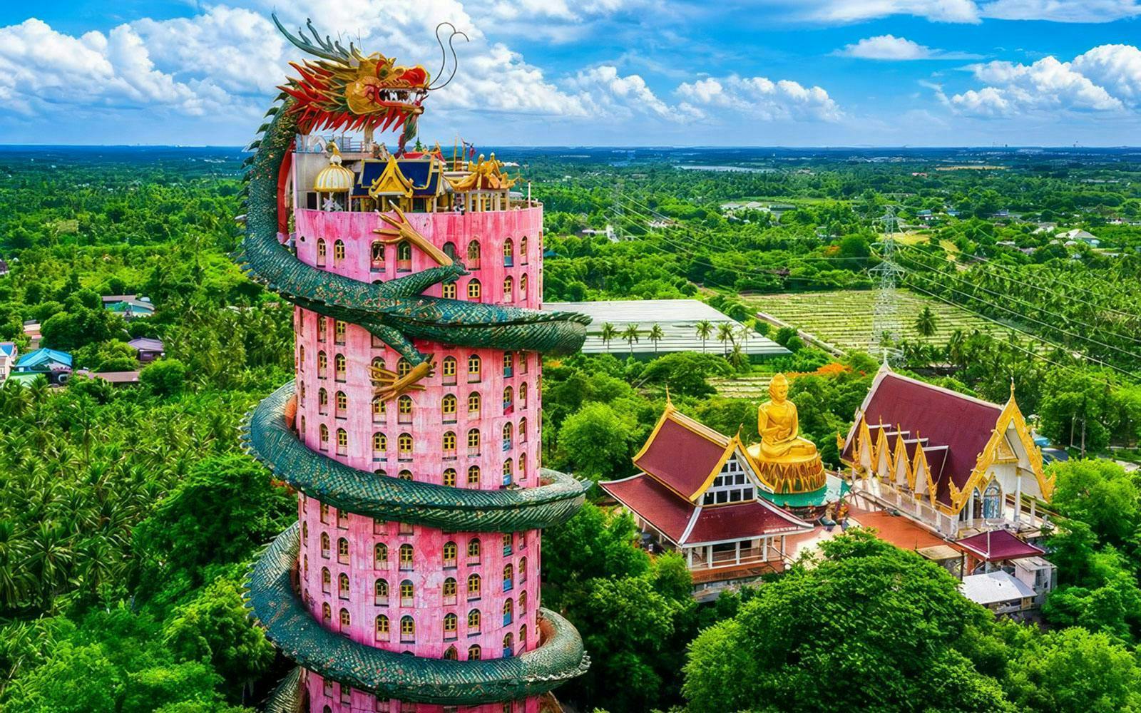 Wat Samphran's pink tower with dragon sculpture in Nakhon Pathom, Thailand.