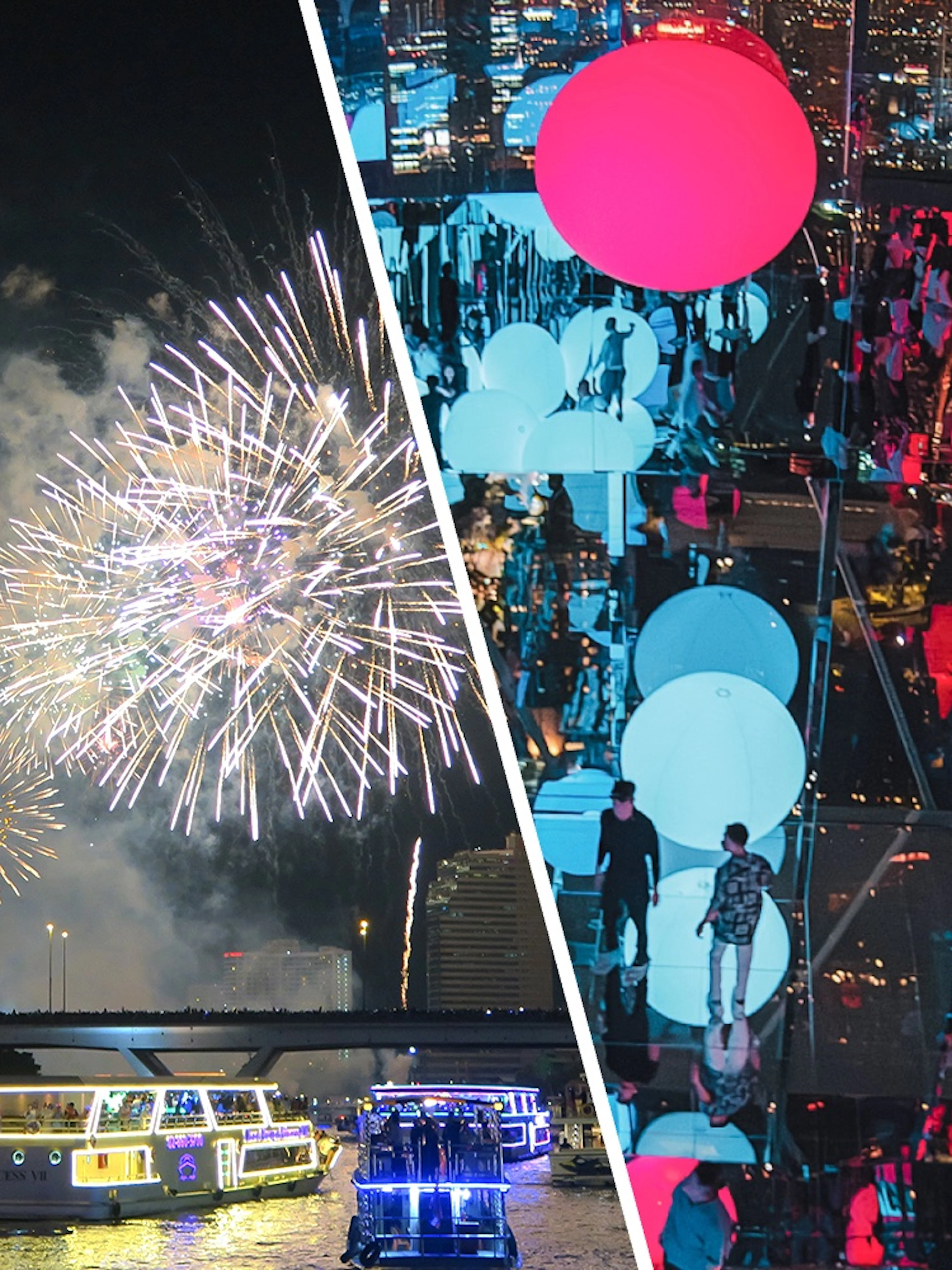Fireworks over Chao Phraya River with illuminated cruise boats in Bangkok.