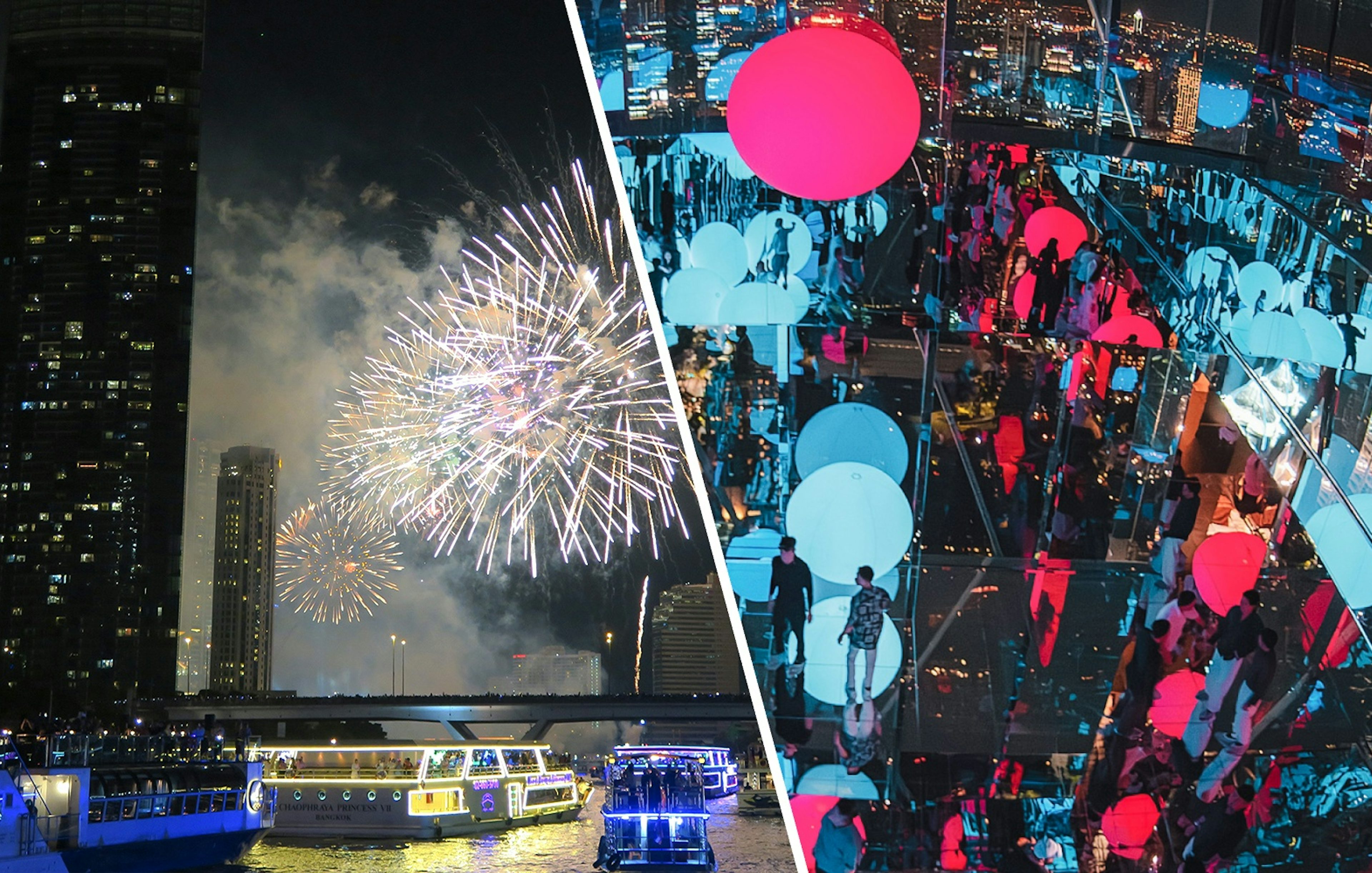 Fireworks over Chao Phraya River with illuminated cruise boats in Bangkok.