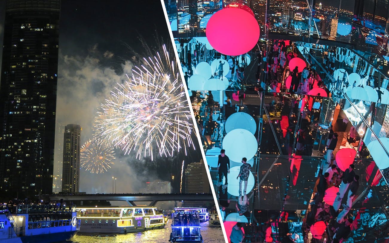 Fireworks over Chao Phraya River with illuminated cruise boats in Bangkok.