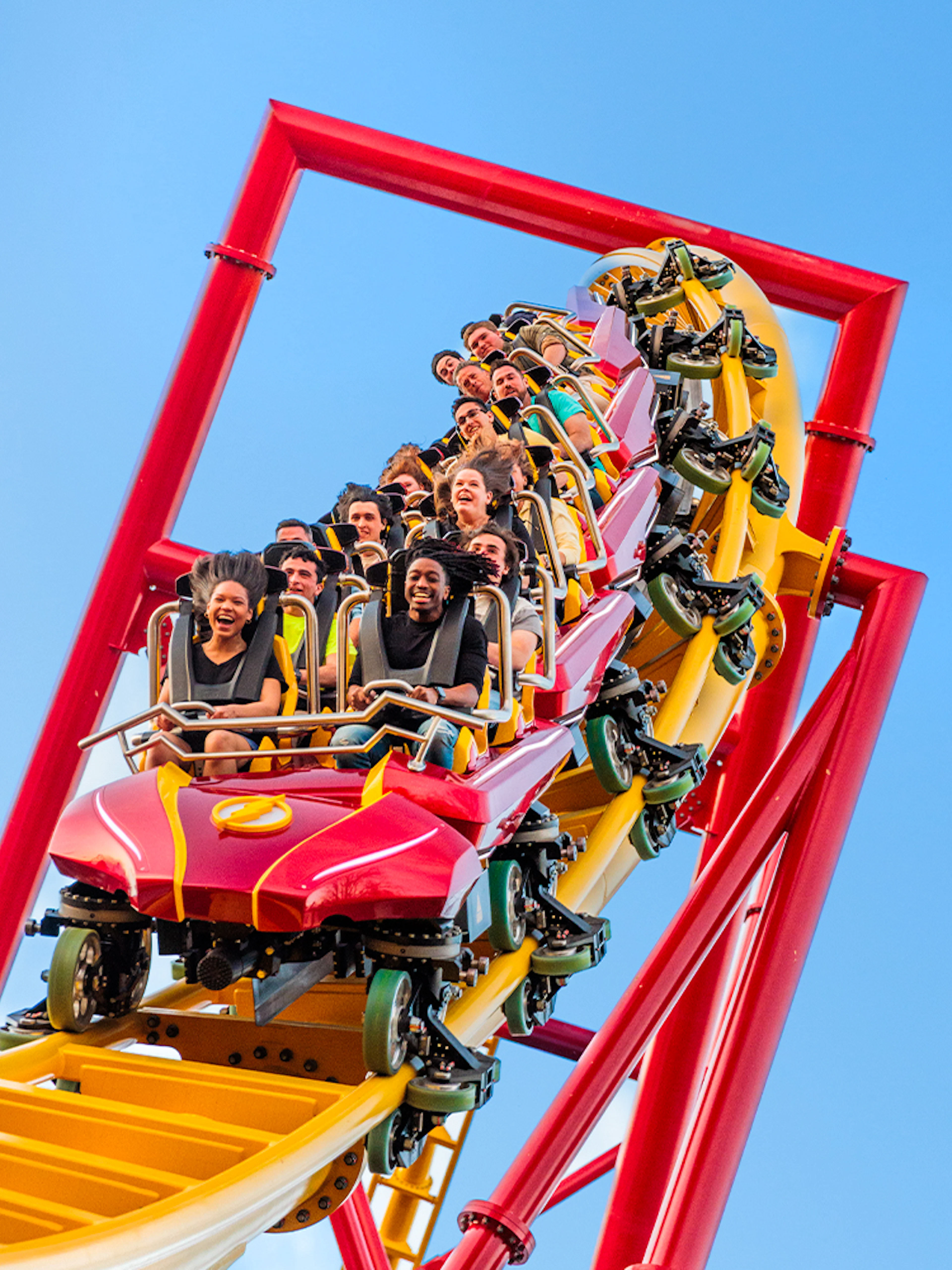 Riders on THE FLASH™ Vertical Velocity roller coaster at Six Flags Great Adventure.