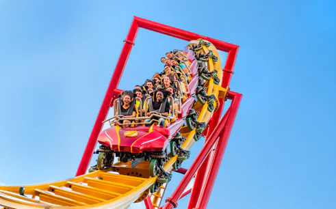 Riders on THE FLASH™ Vertical Velocity roller coaster at Six Flags Great Adventure.