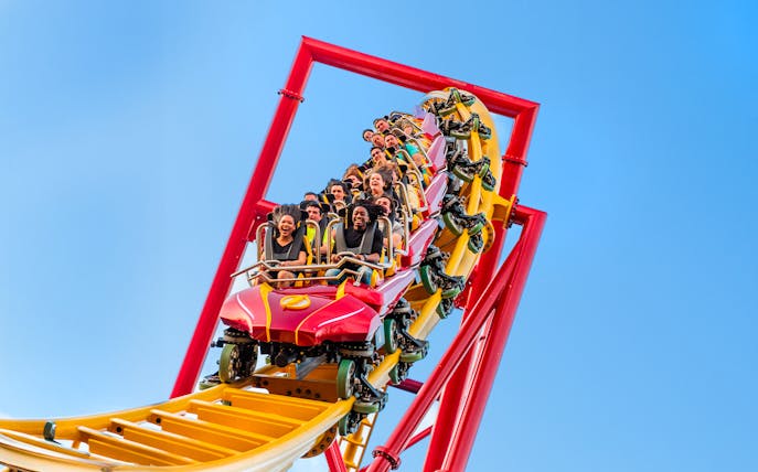 Riders on THE FLASH™ Vertical Velocity roller coaster at Six Flags Great Adventure.