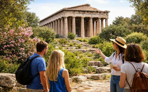 Tour group exploring the Temple of Hephaestus in Athens' Ancient Agora.