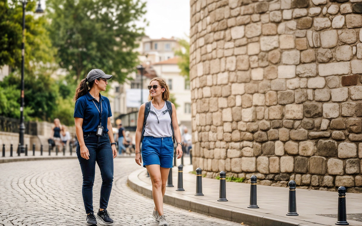 Guide and tourist walking near Galata Tower, Istanbul, Turkey.
