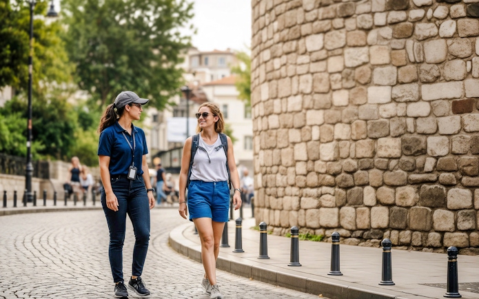 Guide and tourist walking near Galata Tower, Istanbul, Turkey.