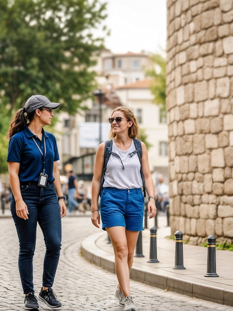 Guide and tourist walking near Galata Tower, Istanbul, Turkey.
