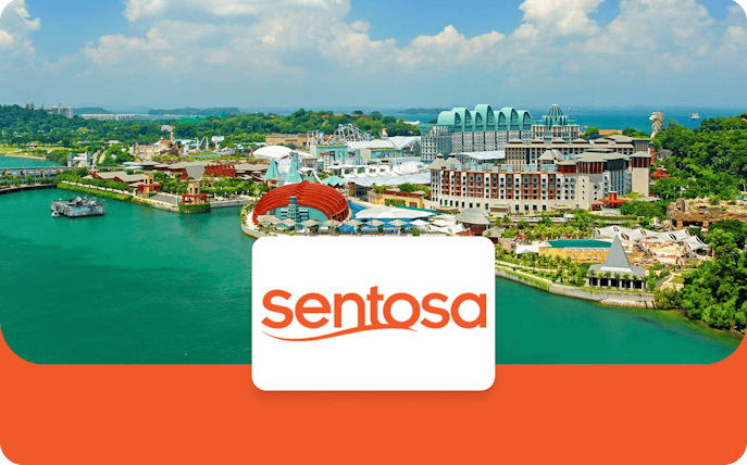 Sentosa Island skyline with attractions and waterfront, Singapore.