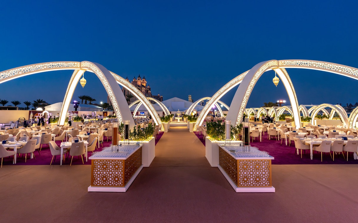 Terrace set for Iftar and Suhoor at Asateer tent, Atlantis The Palm, Dubai.