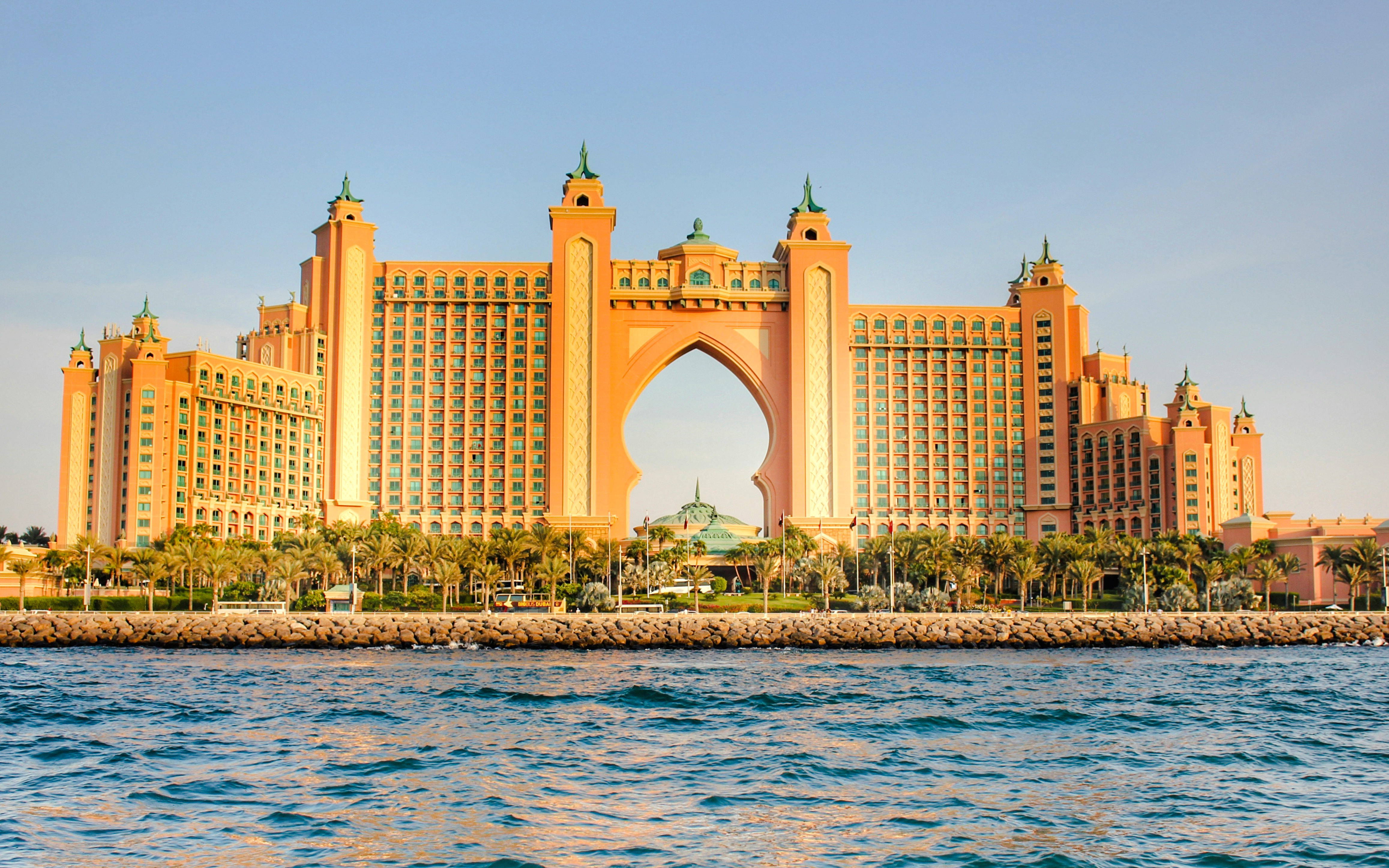 Atlantis at the Palm hotel in Dubai viewed from the water.