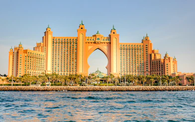 Atlantis at the Palm hotel in Dubai viewed from the water.
