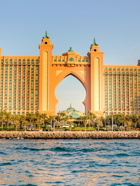 Atlantis at the Palm hotel in Dubai viewed from the water.