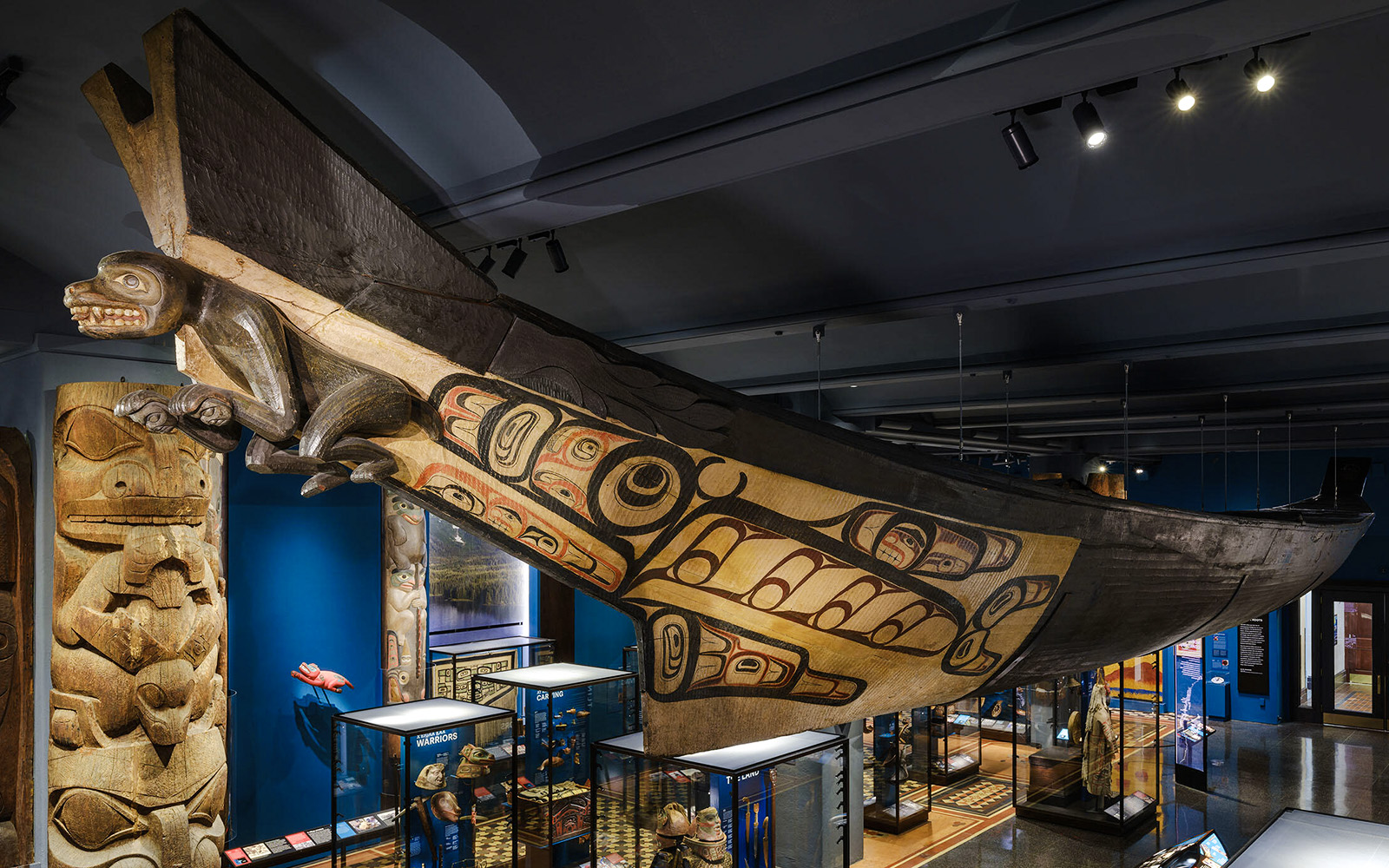 Carved and painted canoe exhibit at the American Museum of Natural History.