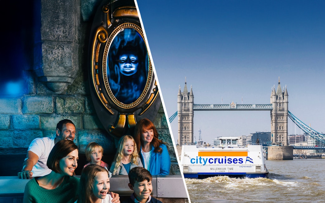 Family enjoying a magical mirror experience and a City Cruises boat near Tower Bridge, London.