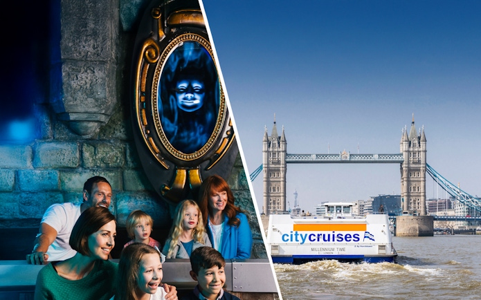 Family enjoying a magical mirror experience and a City Cruises boat near Tower Bridge, London.