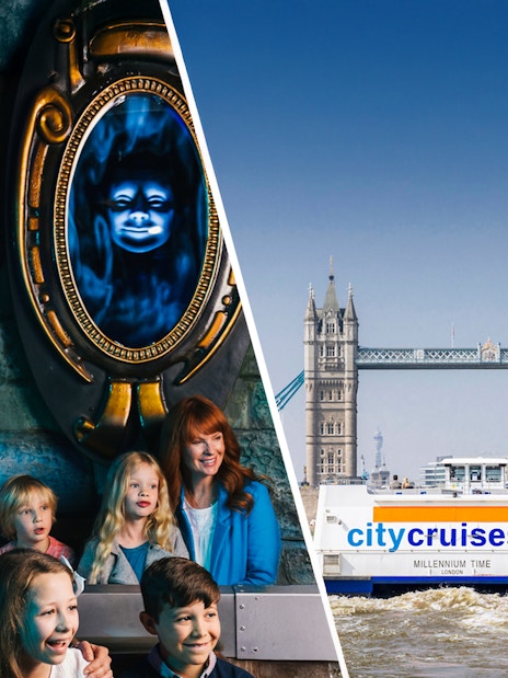 Family enjoying a magical mirror experience and a City Cruises boat near Tower Bridge, London.