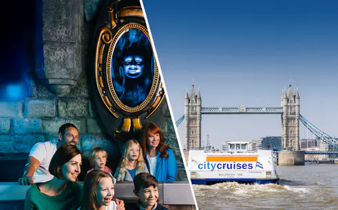 Family enjoying a magical mirror experience and a City Cruises boat near Tower Bridge, London.