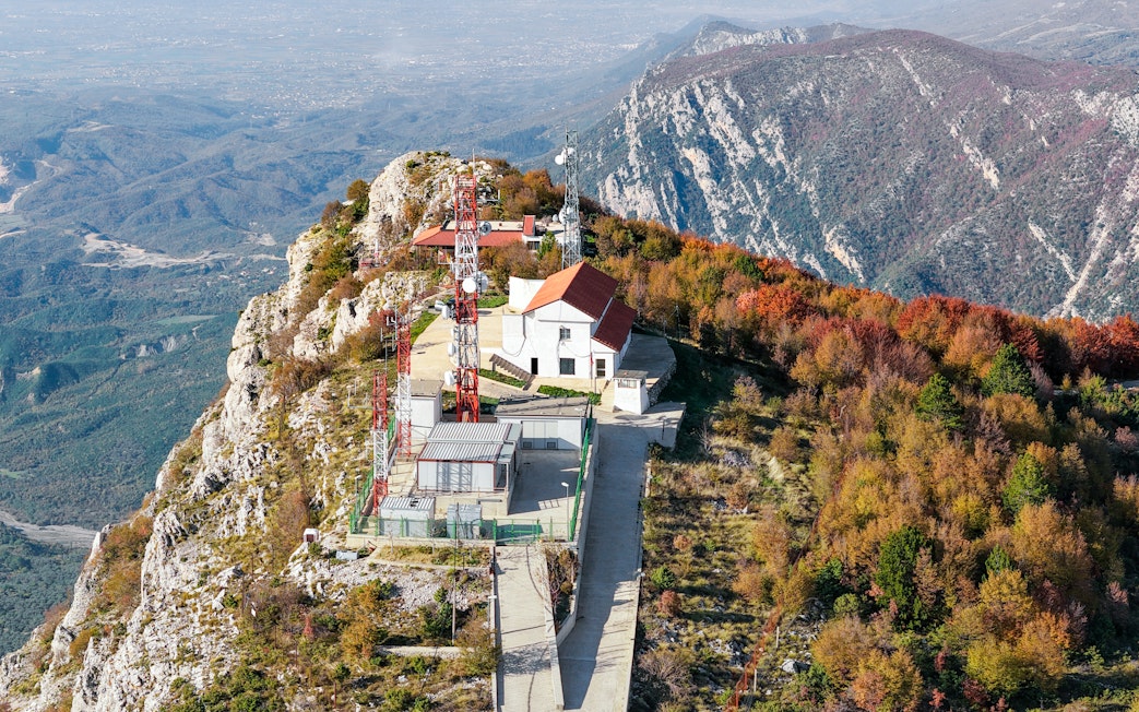 Aerial view of Sari Saltik viewpoint with autumn foliage, Kruje, Albania.