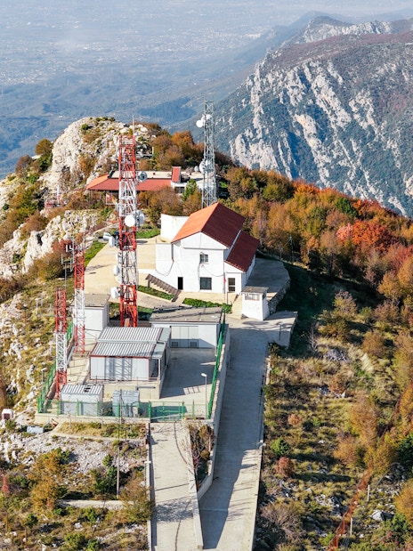 Aerial view of Sari Saltik viewpoint with autumn foliage, Kruje, Albania.