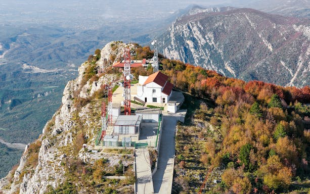 Aerial view of Sari Saltik viewpoint with autumn foliage, Kruje, Albania.