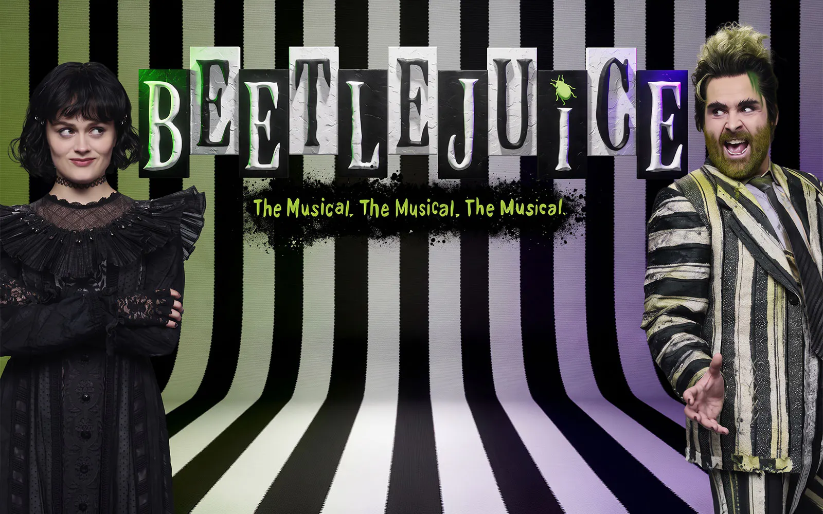 Beetlejuice musical poster with characters in striped costumes, Westend production.
