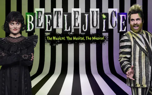 Beetlejuice musical poster with characters in striped costumes, Westend production.