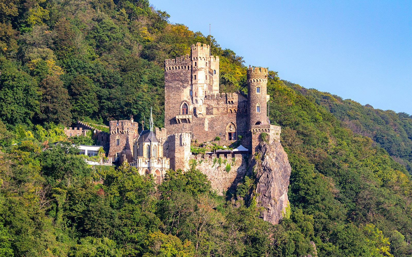 In einem Felsen gebaute Burg Rheinstein umgeben von grünen Bäumen