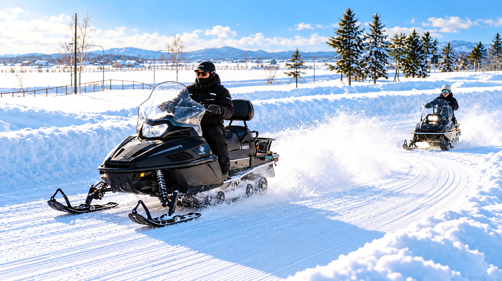 Snowmobiling on a snowy trail during Sapporo to Bibai Snow Land tour, Hokkaido.