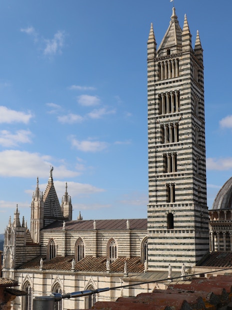 Siena Cathedral Facciatone viewpoint with bell tower and dome under blue sky.