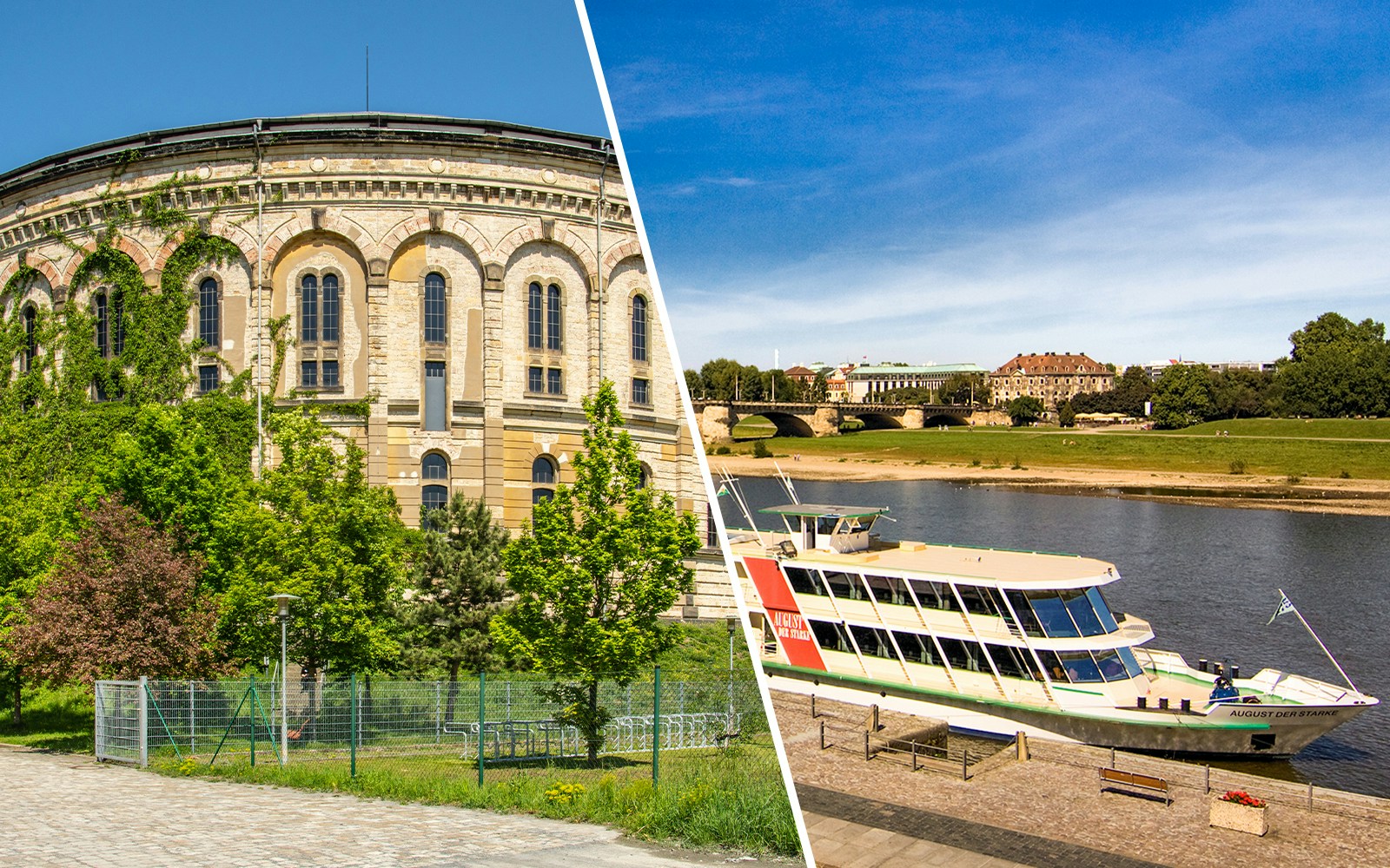 Historic building and river cruise boat in Dresden, Germany, showcasing a combo tour experience.