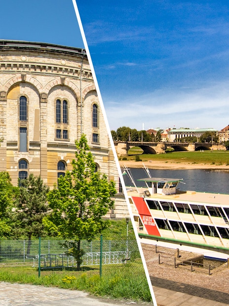 Historic building and river cruise boat in Dresden, Germany, showcasing a combo tour experience.