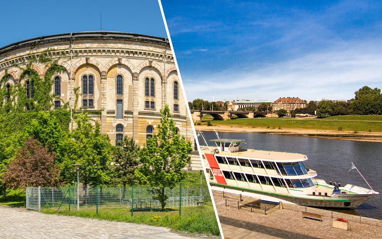 Historic building and river cruise boat in Dresden, Germany, showcasing a combo tour experience.