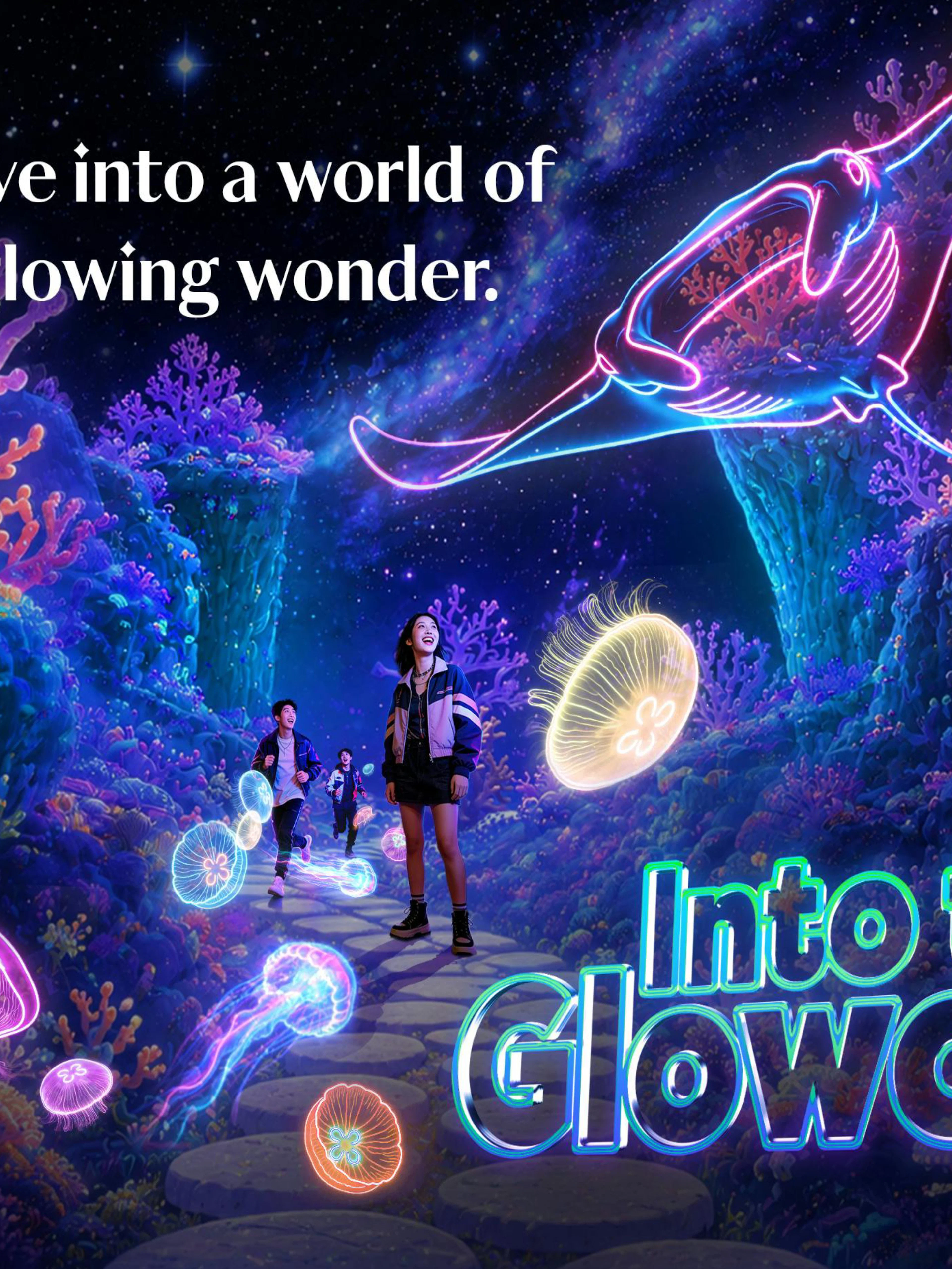 Visitors exploring glowing marine life at Into the Glowcean, Resorts World Sentosa.