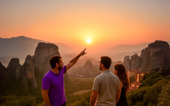Tour guide pointing at sunset over Meteora rock formations and monastery, Greece.