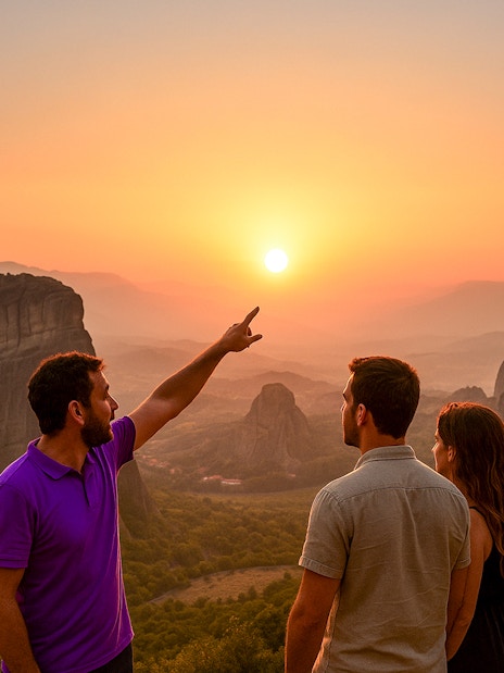 Tour guide pointing at sunset over Meteora rock formations and monastery, Greece.