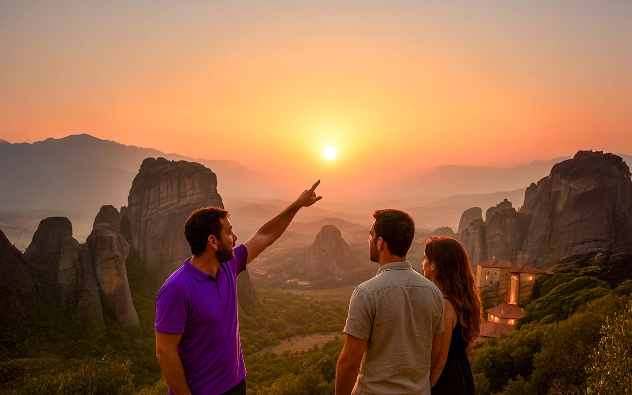 Tour guide pointing at sunset over Meteora rock formations and monastery, Greece.