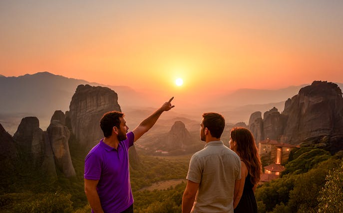 Tour guide pointing at sunset over Meteora rock formations and monastery, Greece.