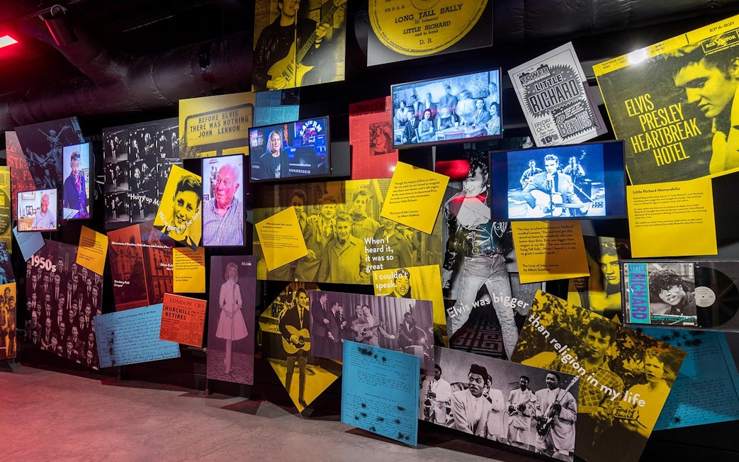 Liverpool music history exhibit featuring Elvis Presley and Little Richard memorabilia.