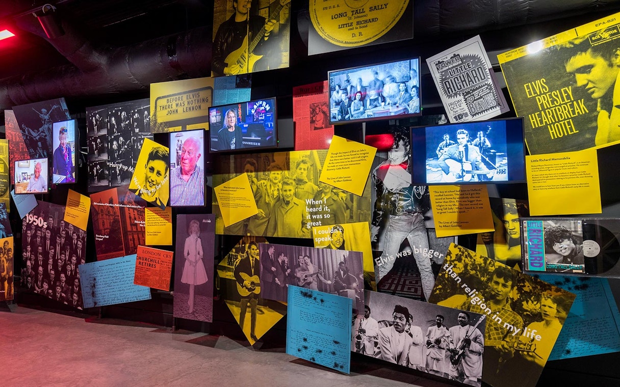Liverpool music history exhibit featuring Elvis Presley and Little Richard memorabilia.