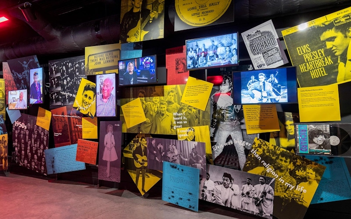 Liverpool music history exhibit featuring Elvis Presley and Little Richard memorabilia.