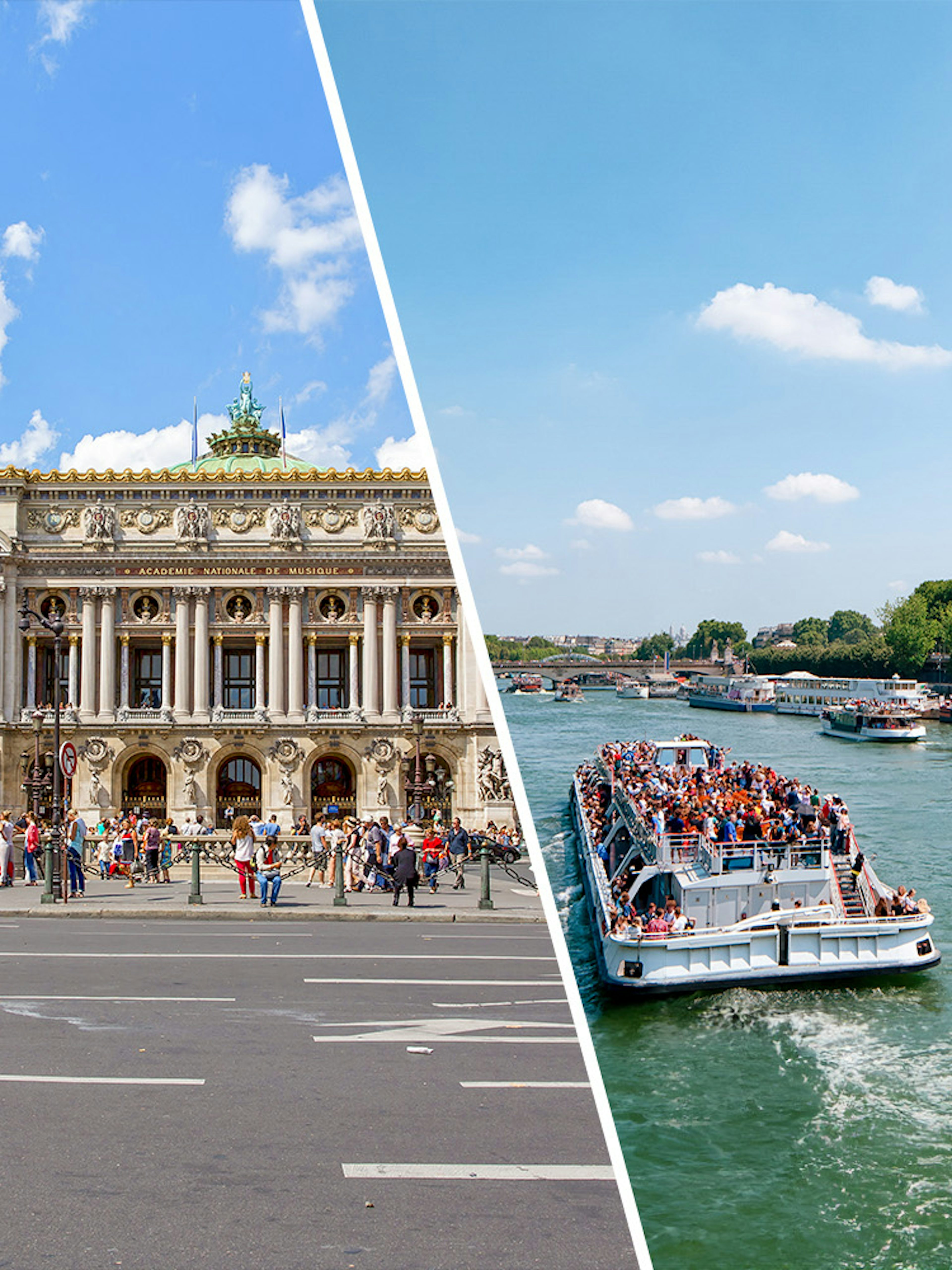 Opéra Garnier facade and Seine River cruise with Eiffel Tower in Paris.